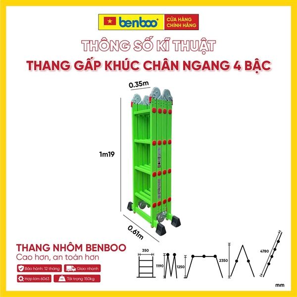 Thang nhôm gấp khúc đa năng chân ngang Flex Balance – Xanh lá 4 bậc